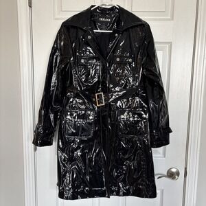 Vtg Y2K 90's Size S Trilogi Black Shiny PVC Trench Raincoat Cyberpunk Whimsygoth